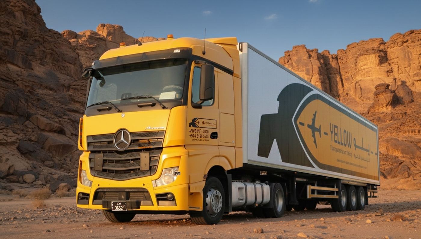 Yellow truck in a desert landscape