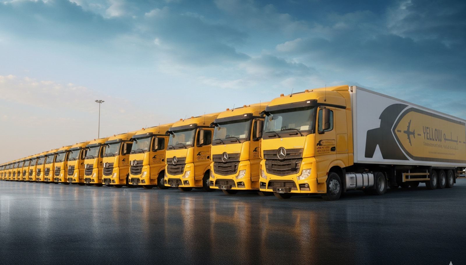 Row of yellow Yellow Transportation trucks