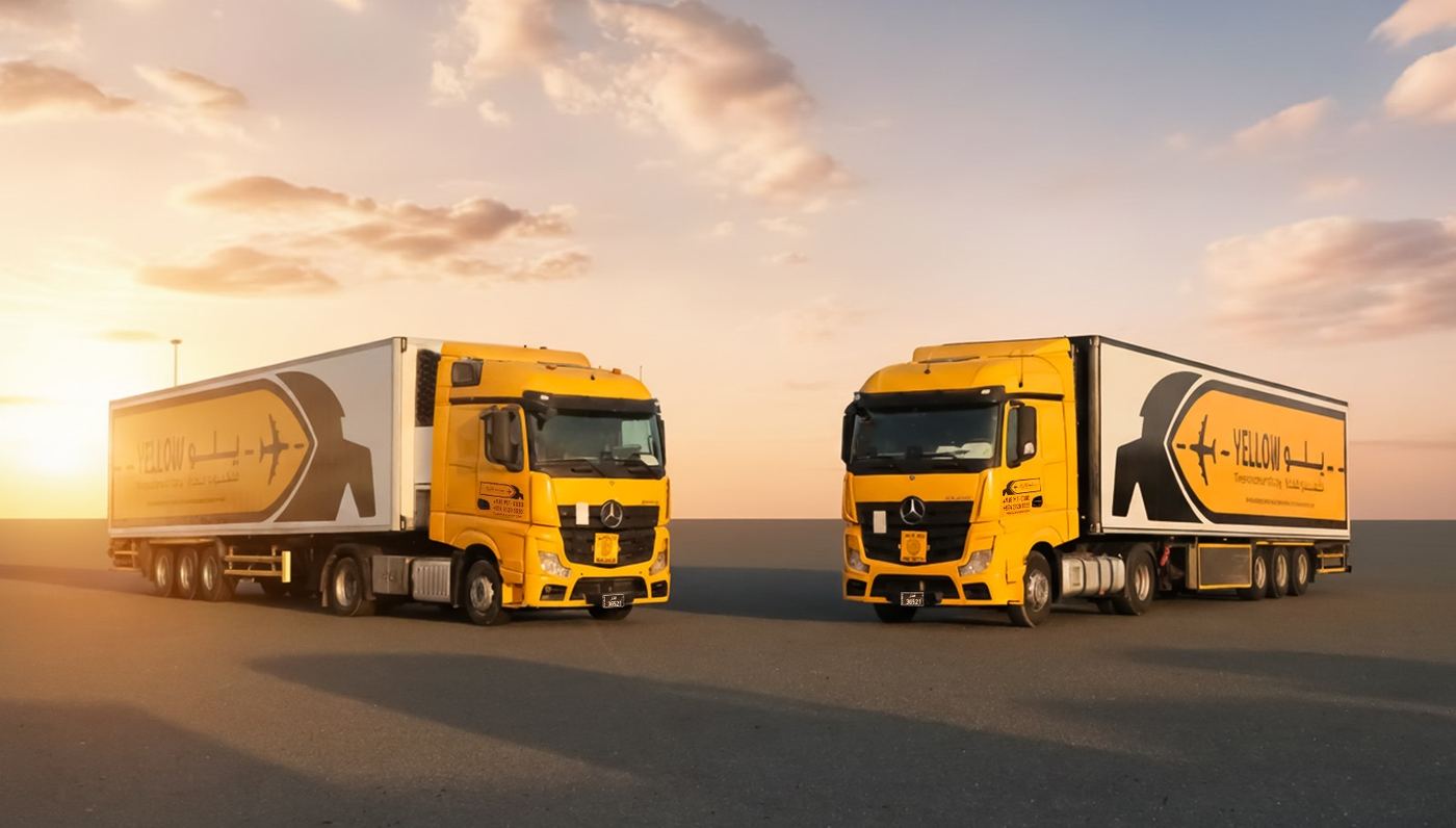 Two Yellow trucks facing each other at sunset